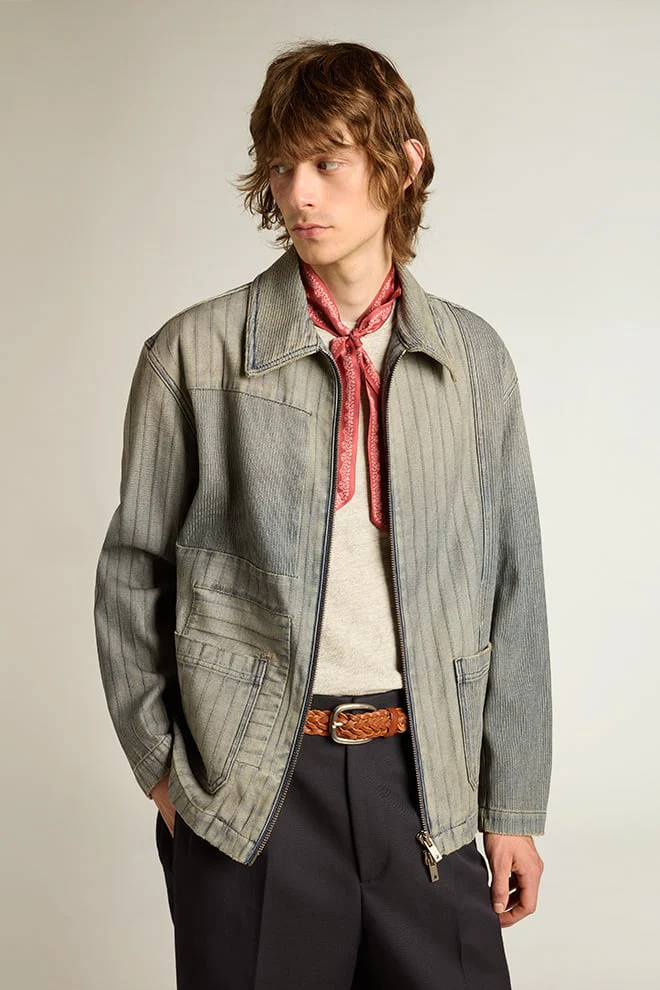 Men | Denim Jacket with Stripes & Patches On The Front | Grey - Image 6