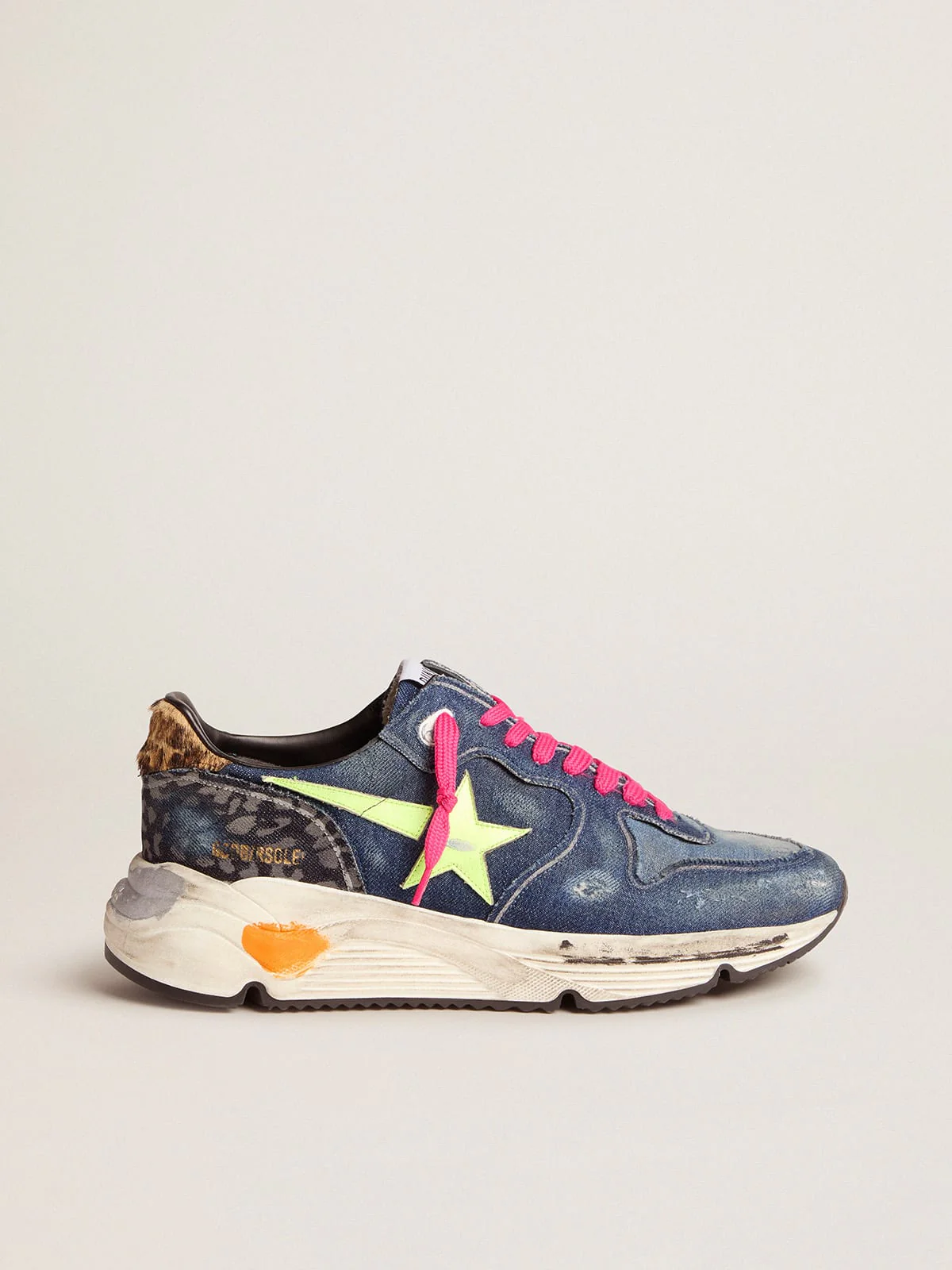 Men | Denim Running Sole Sneakers with A Fluorescent Star & Pony Skin Heel Tab | Dark Blue x Light Blue x Yellow Fluo x Indaco Leo