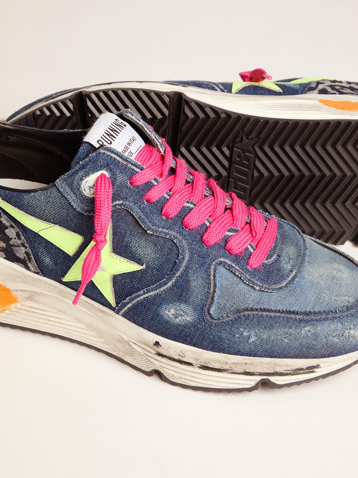 Men | Denim Running Sole Sneakers with A Fluorescent Star & Pony Skin Heel Tab | Dark Blue x Light Blue x Yellow Fluo x Indaco Leo - Image 2
