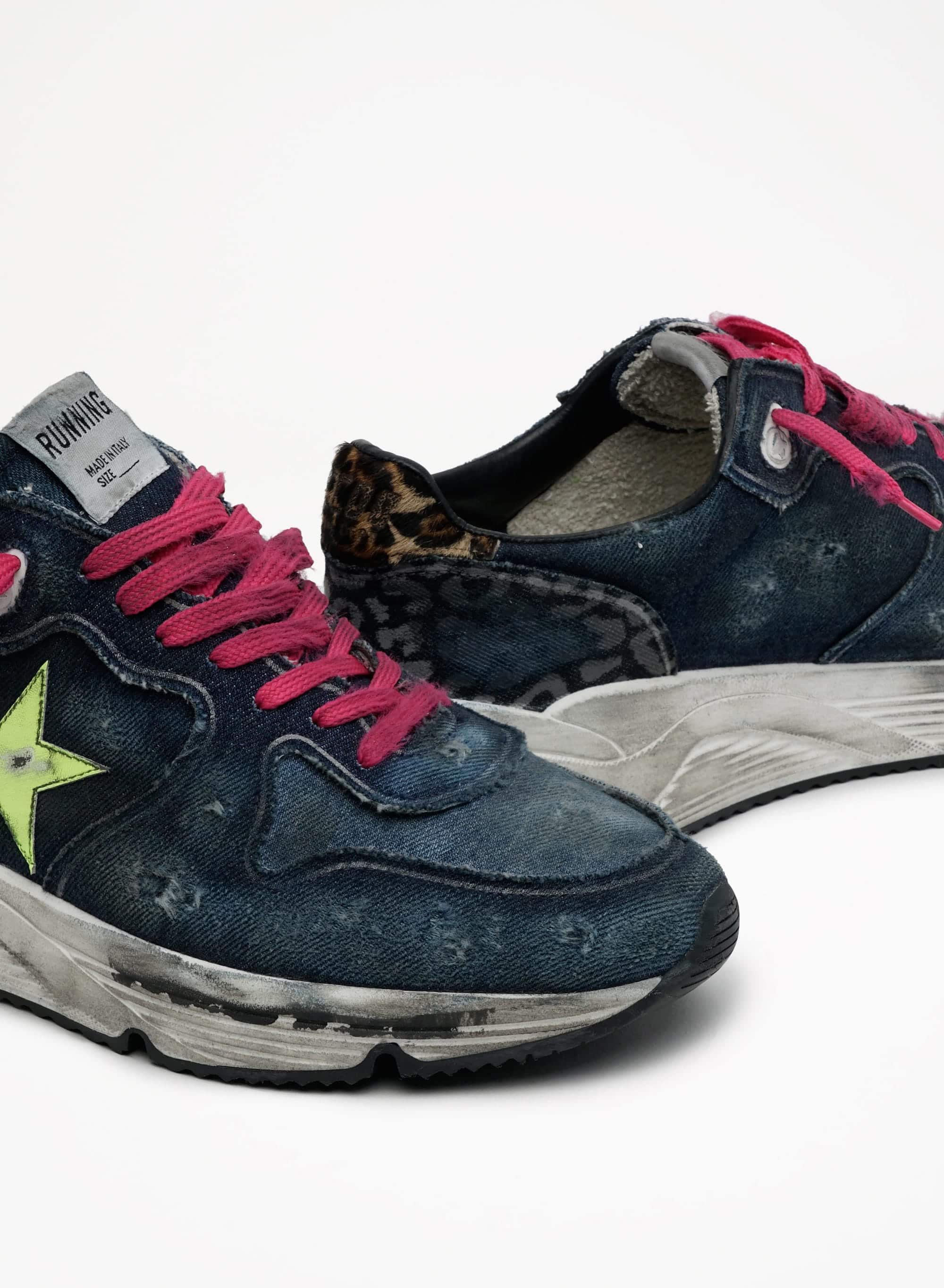 Men | Denim Running Sole Sneakers with A Fluorescent Star & Pony Skin Heel Tab | Dark Blue x Light Blue x Yellow Fluo x Indaco Leo - Image 4