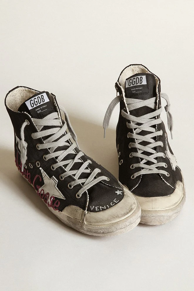 Men | Francy Penstar Sneakers Black Canvas with Golden Goose Signature & White Leather Star | Black x White x Purple