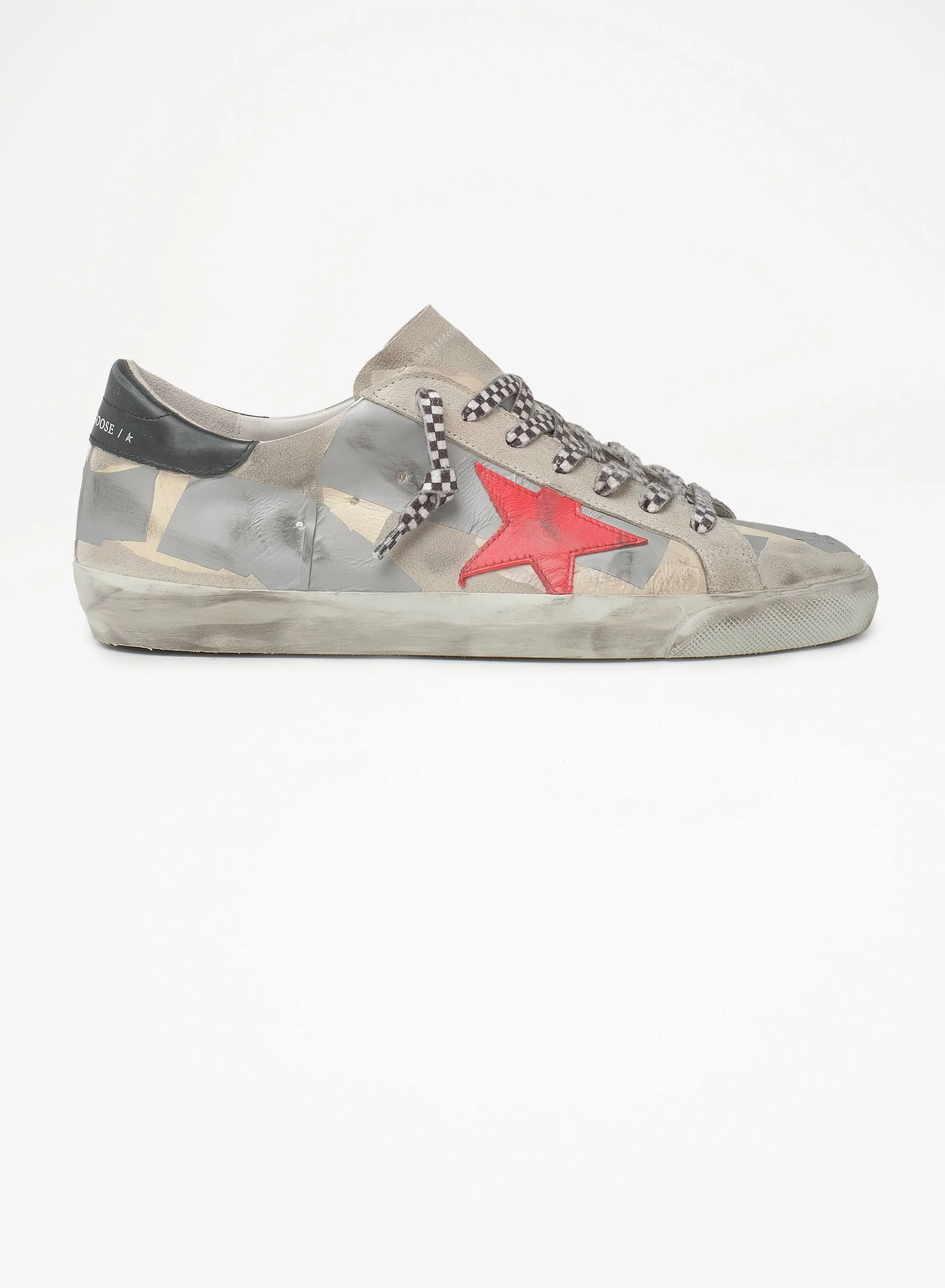 Men | Grey Super-Star Sneakers with Pink Star & Dark Grey Leather Heel Tab | Beige Silver x Ice x Red x Black