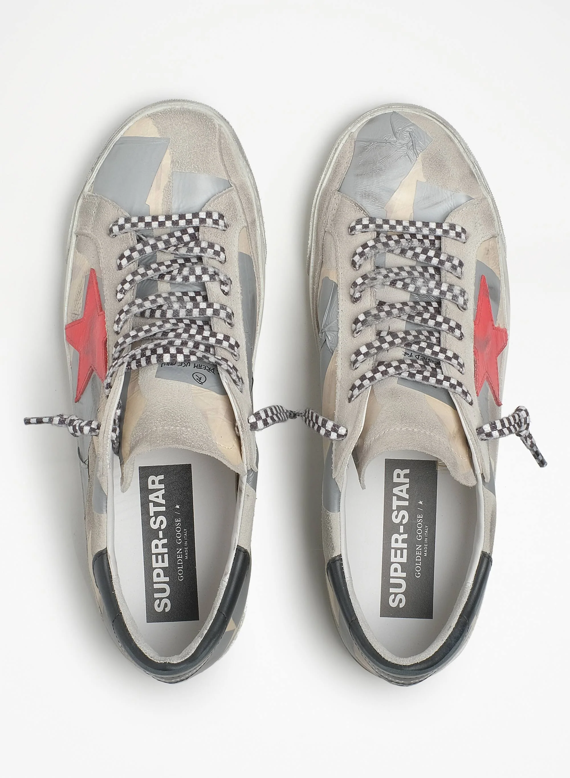 Men | Grey Super-Star Sneakers with Pink Star & Dark Grey Leather Heel Tab | Beige Silver x Ice x Red x Black - Image 2