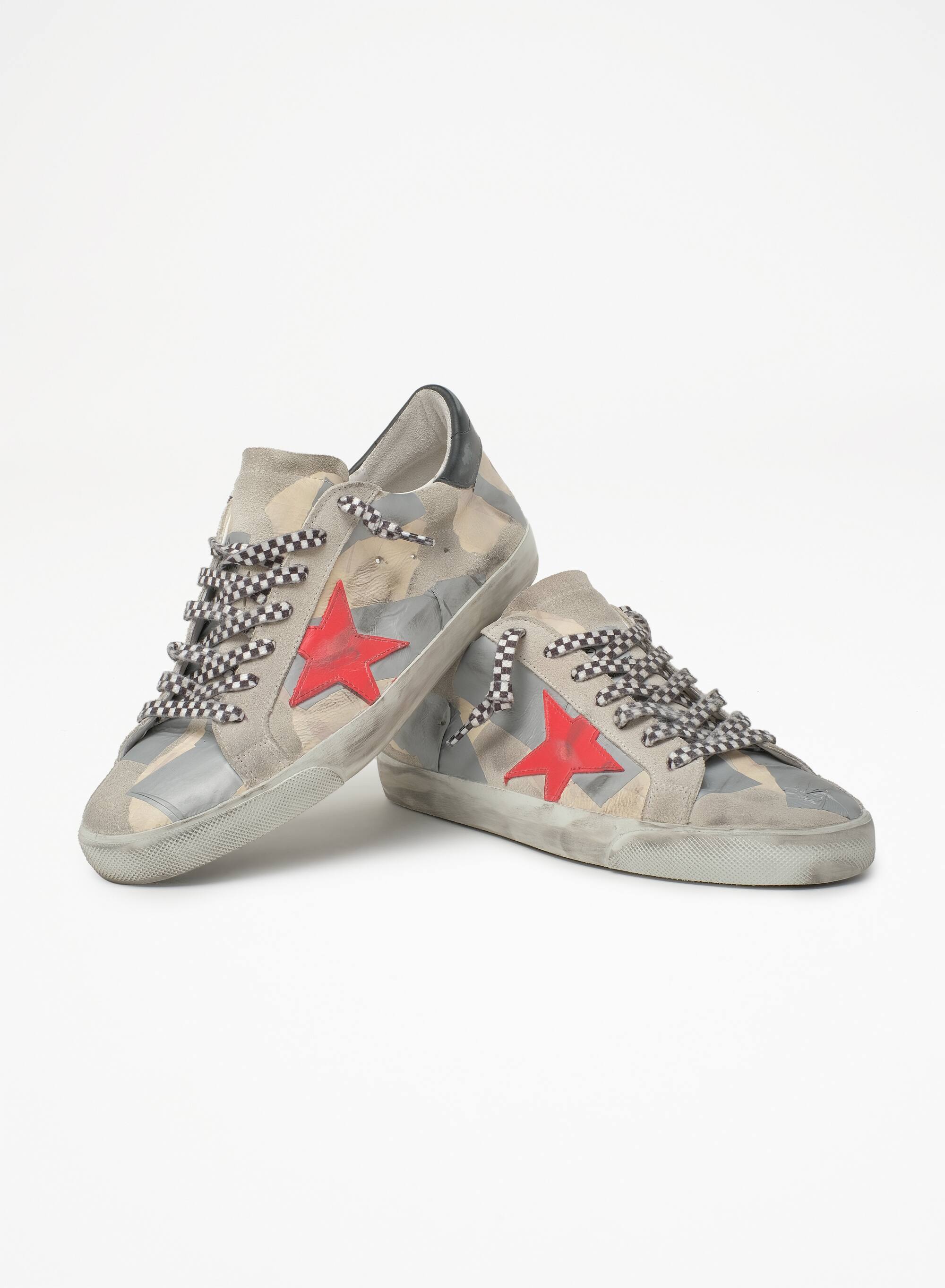 Men | Grey Super-Star Sneakers with Pink Star & Dark Grey Leather Heel Tab | Beige Silver x Ice x Red x Black - Image 3