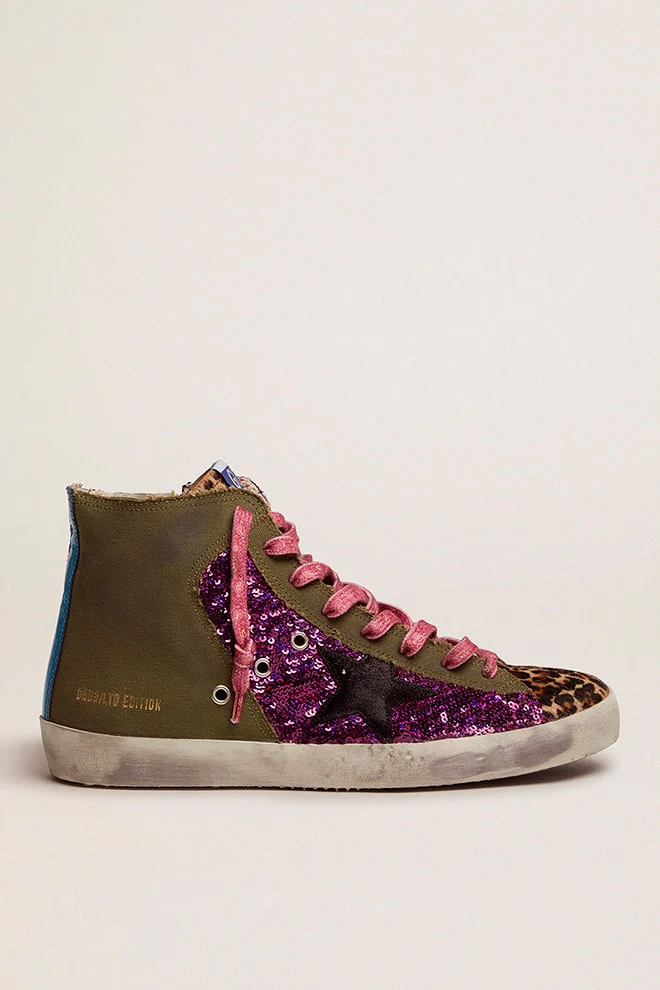 Men | Lab Limited Edition Canvas with Glitter & Pony Skin Francy Sneakers | Green Army x Purple x Bluette - Image 3