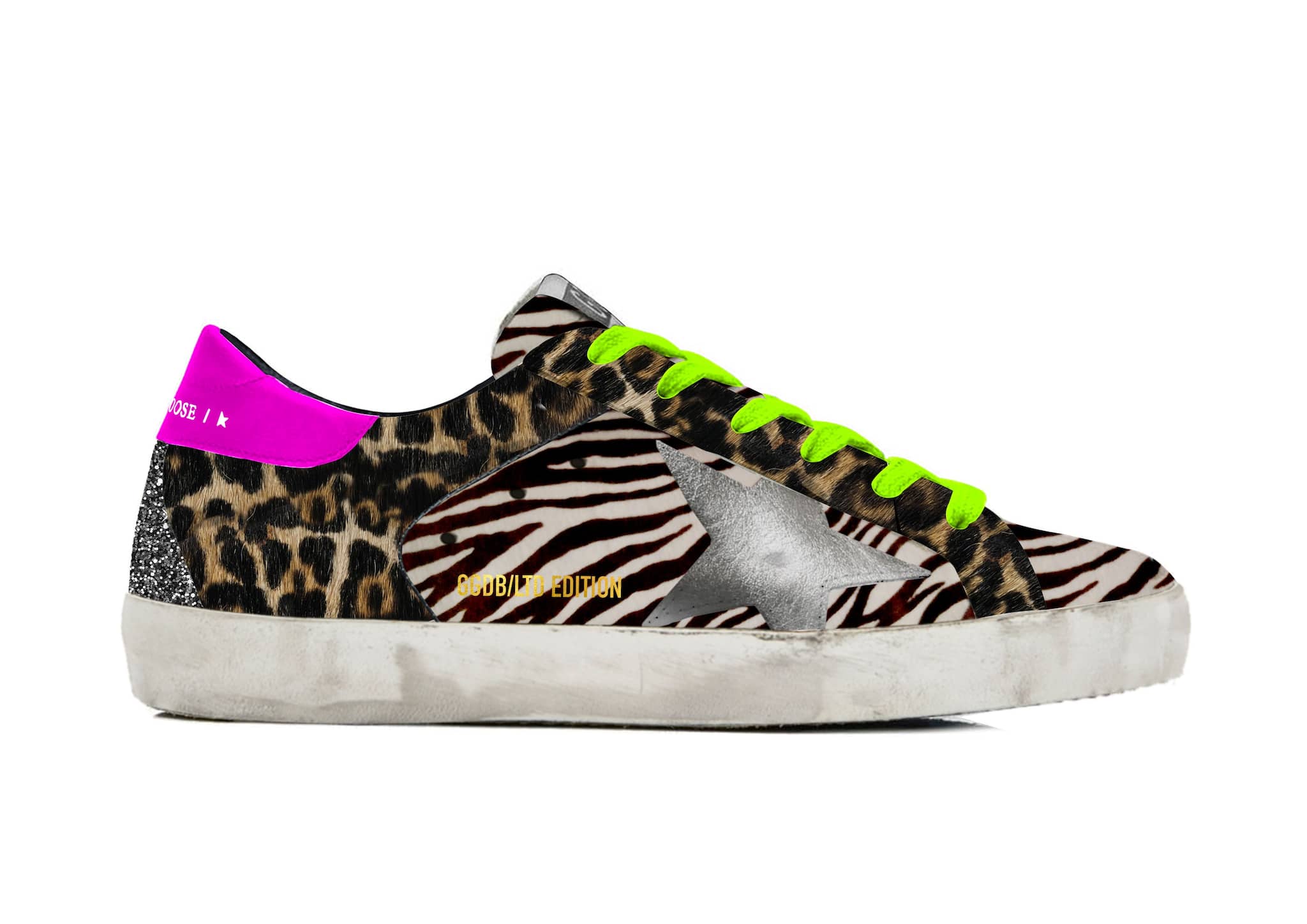 Men | Limited Edition Lab Glitter Animal-Print Super-Star Sneakers | Black Zebra x Beige Brown Leo x Silver x Fuchsia Fluo