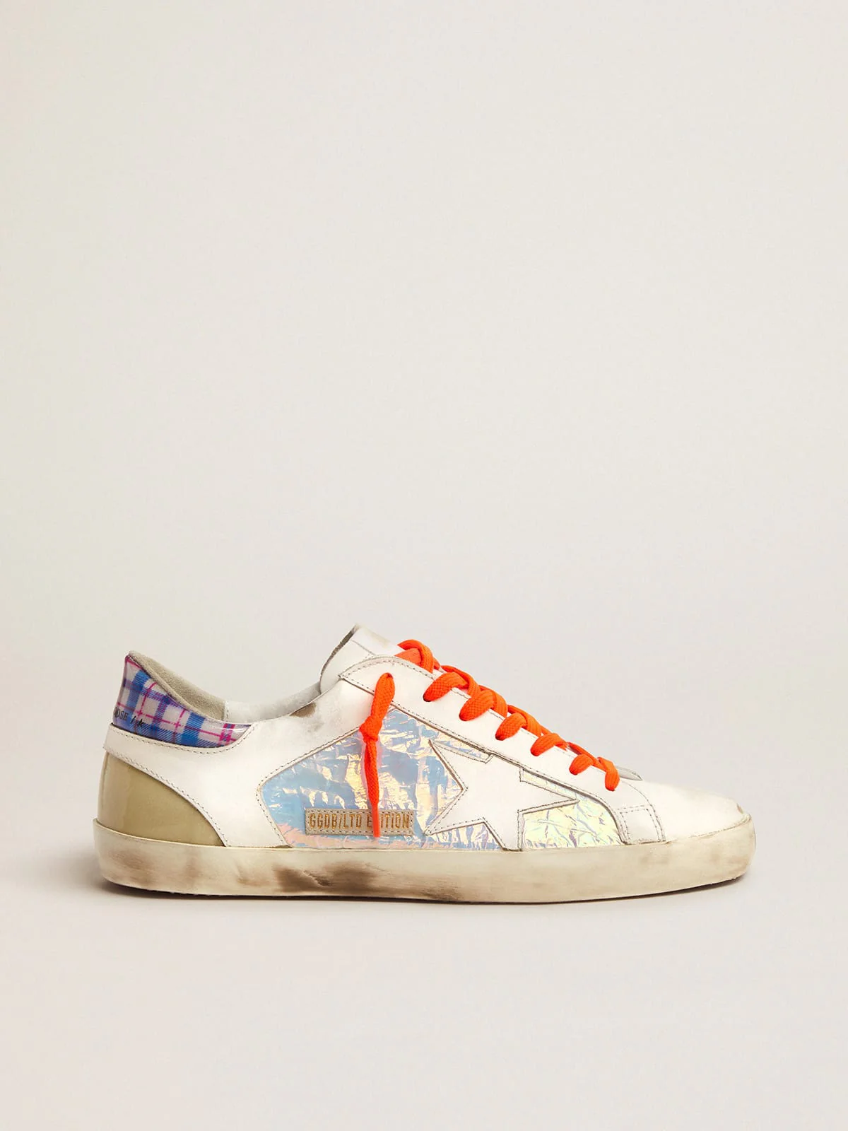 Men | Limited Edition Lab Super-Star Sneakers with Holographic & Tartan Upper | Multicolor x White x White Blue Fuchsia - Image 2