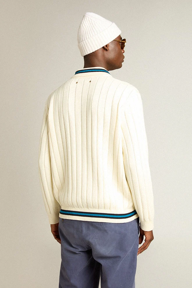Men | Long-Sleeved Polo Shirt with Perforated Details | Heritage White x Blue