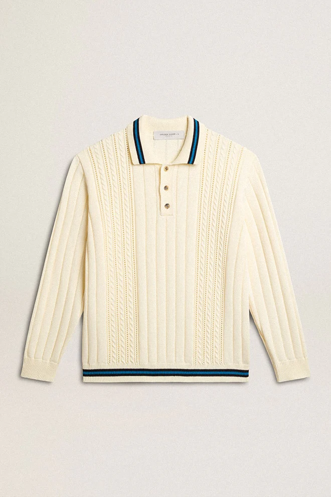 Men | Long-Sleeved Polo Shirt with Perforated Details | Heritage White x Blue - Image 3