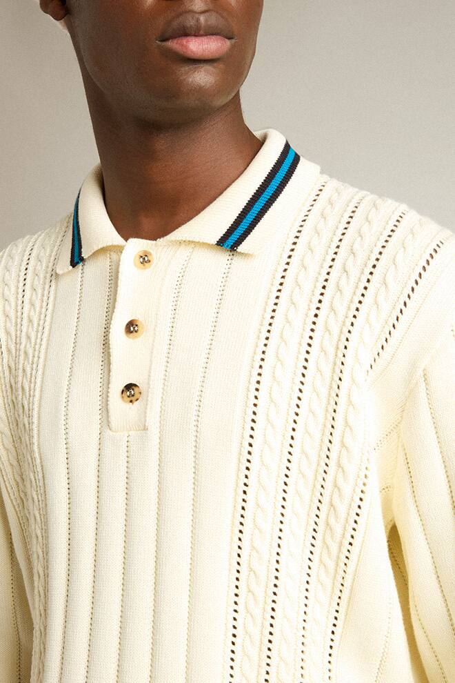 Men | Long-Sleeved Polo Shirt with Perforated Details | Heritage White x Blue - Image 4