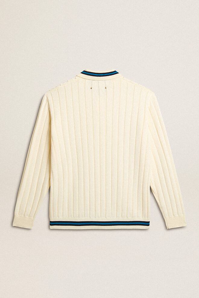 Men | Long-Sleeved Polo Shirt with Perforated Details | Heritage White x Blue - Image 6