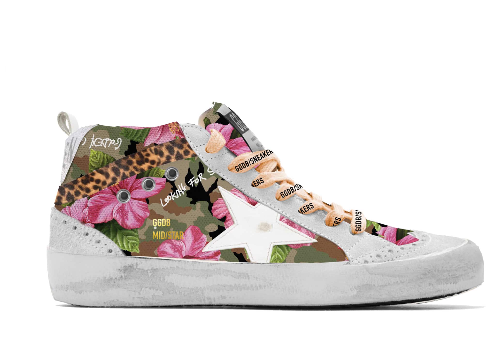 Men | Mid Star Sneakers with Camouflage & Floral Pattern | Green Camouflage x Pink Flowers x Ice x White - Image 2