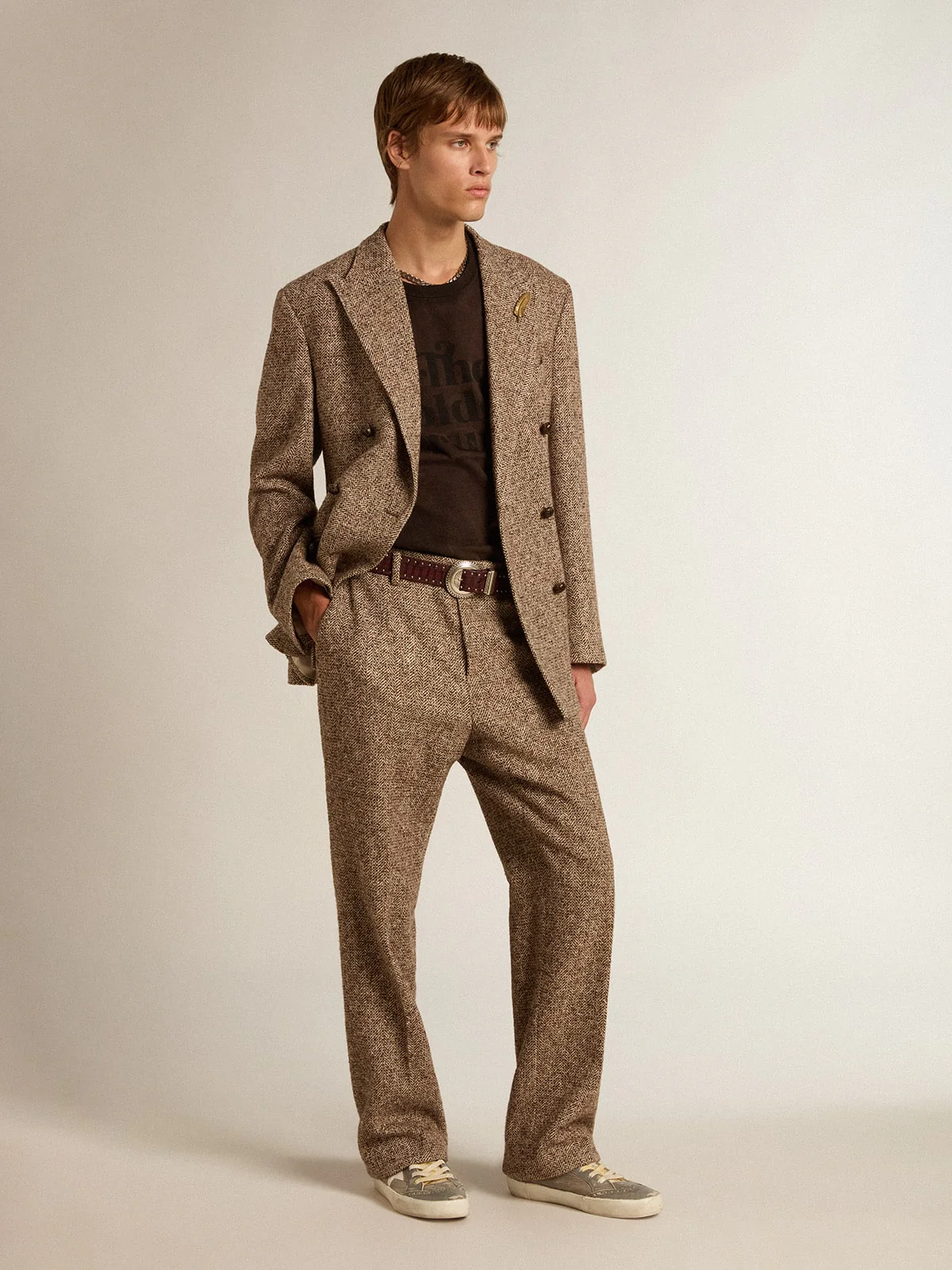 Men | Pants Beige & Brown Wool & Silk Blend Fabric | Beige x Brown x Bluette - Image 3