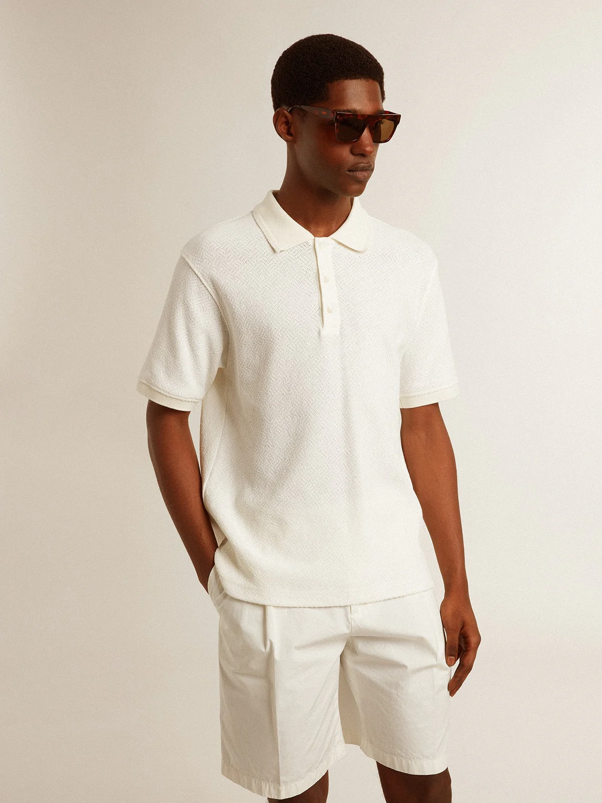 Men | Polo Shirt White Cotton with Mother-Of-Pearl Buttons | White - Image 4