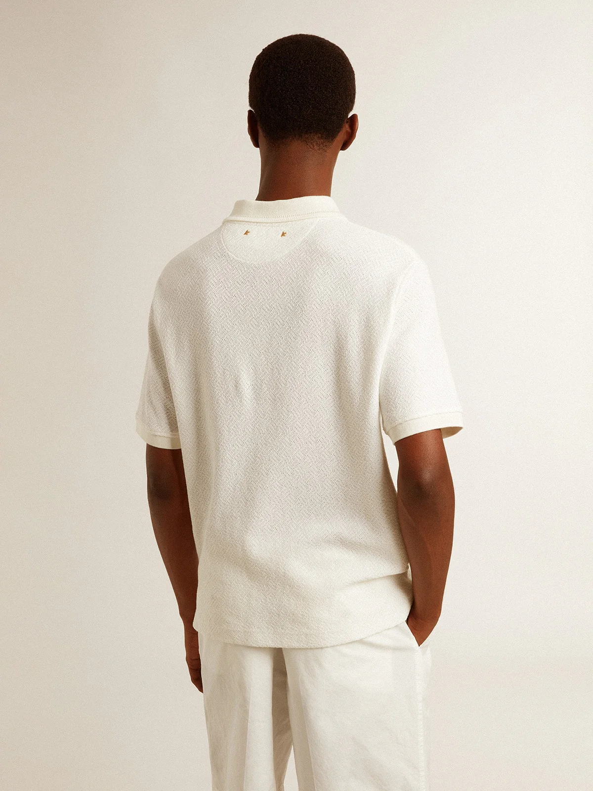 Men | Polo Shirt White Cotton with Mother-Of-Pearl Buttons | White - Image 5