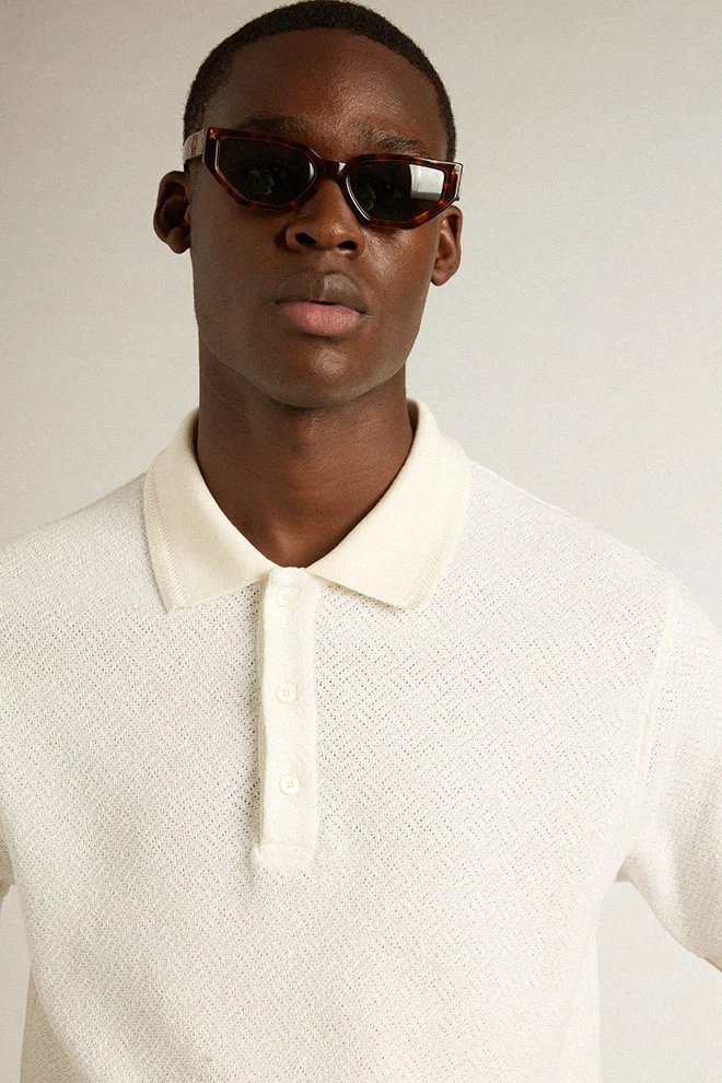 Men | Polo Shirt White Cotton with Mother-Of-Pearl Buttons | White - Image 6