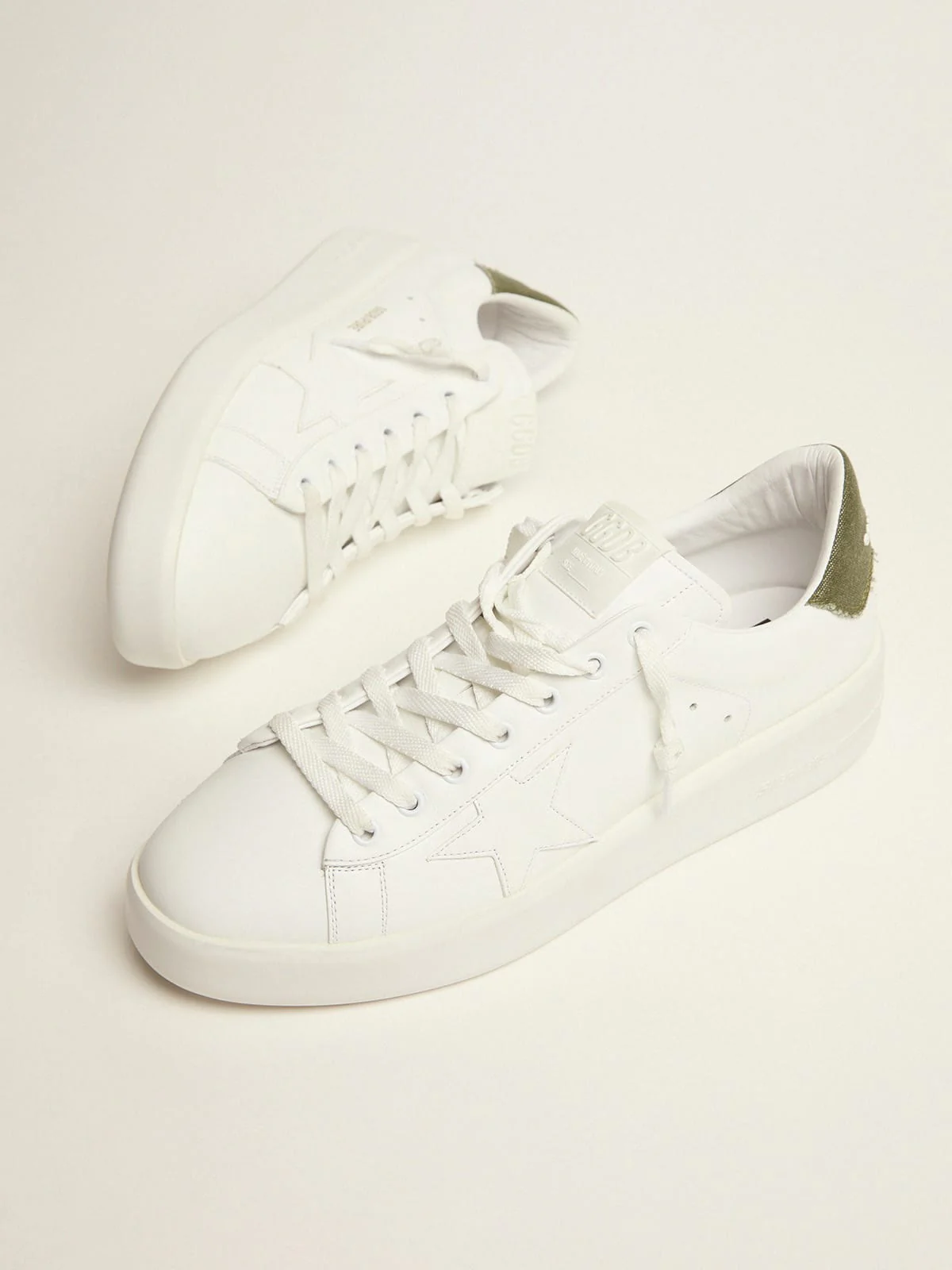 Men | Purestar Sneakers White Leather with Green Canvas Heel Tab | White x Dark Green - Image 5