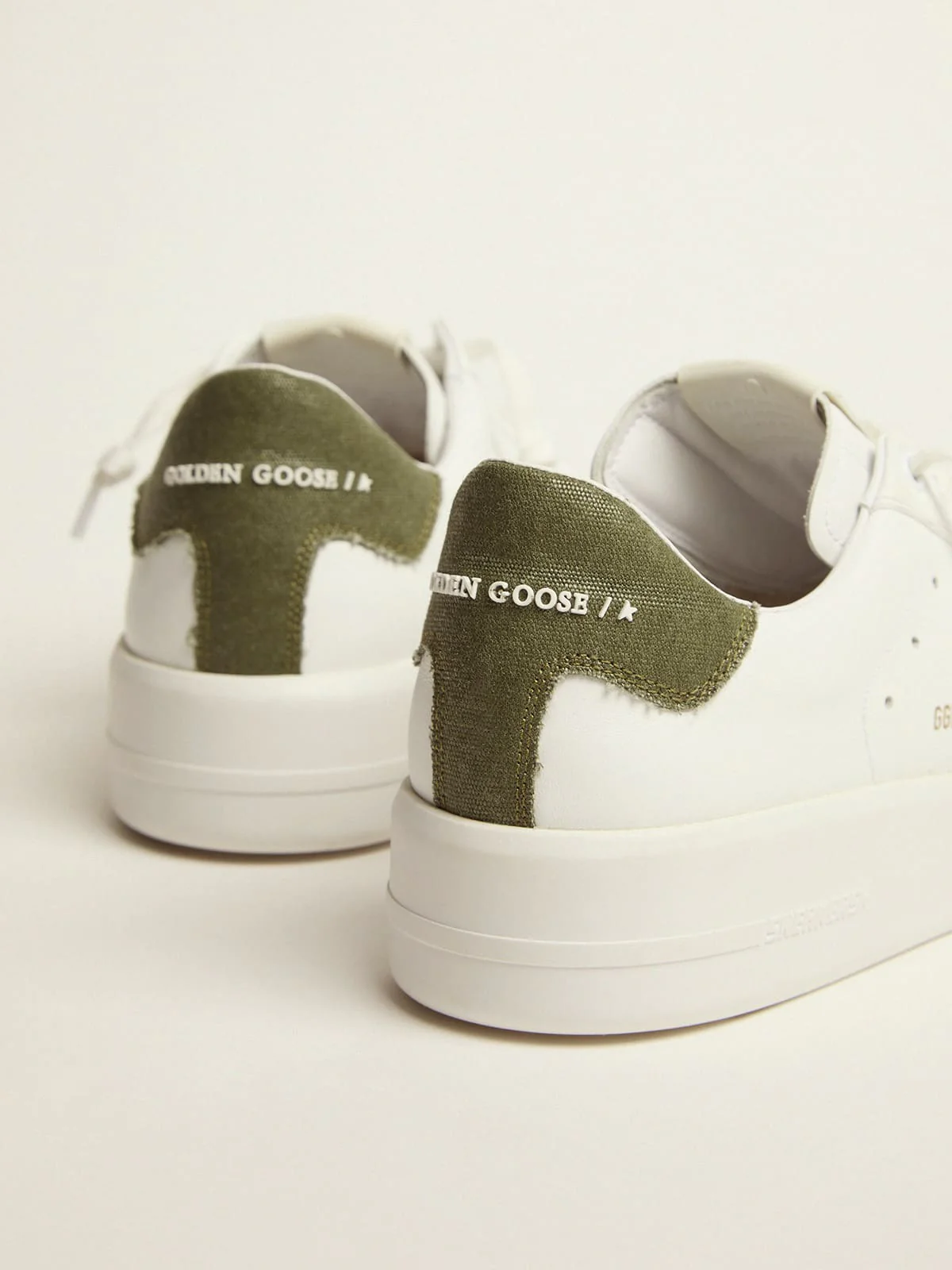 Men | Purestar Sneakers White Leather with Green Canvas Heel Tab | White x Dark Green - Image 6