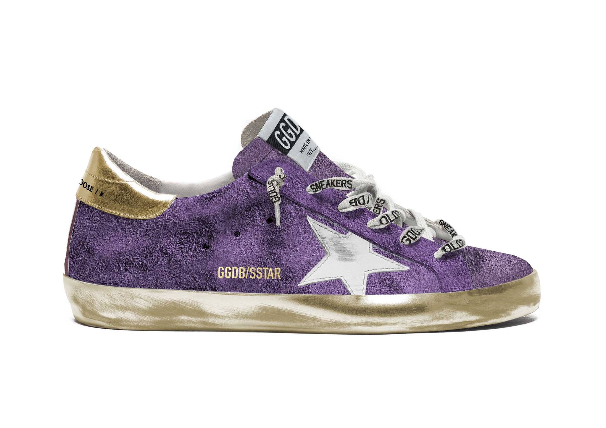 Men | Purple Suede Super-Star Sneakers with Gold Heel Tab | Purple x White x Gold