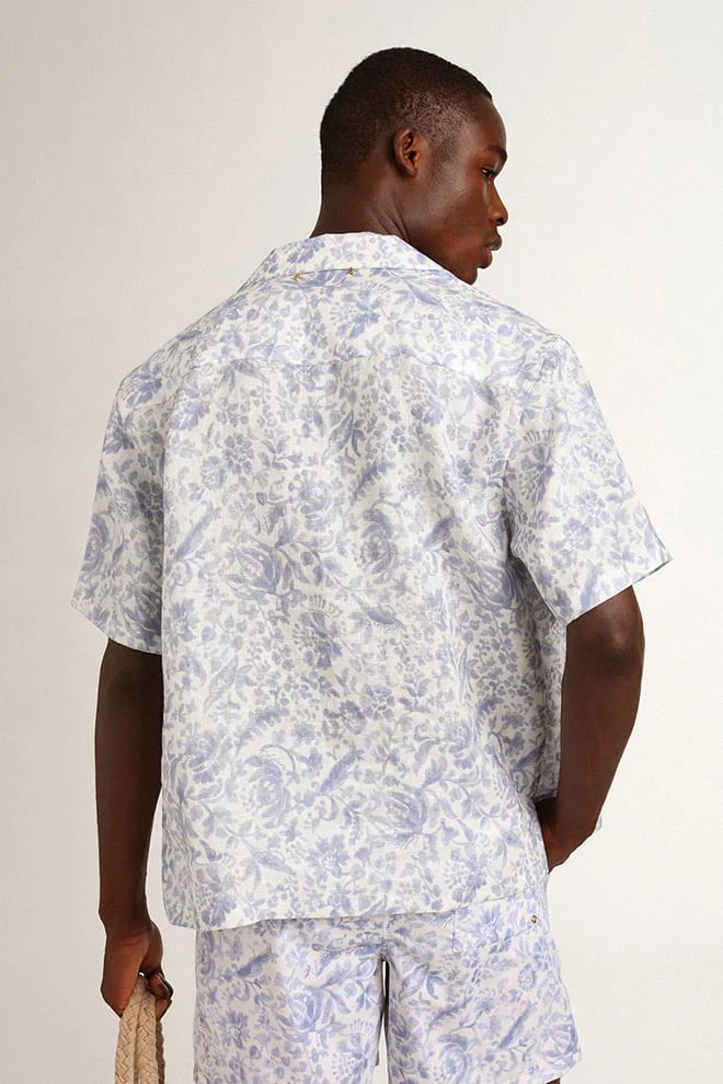 Men | Resort Collection Linen Shirt with Mediterranean Blue Print | Mediterranian Blue - Image 3