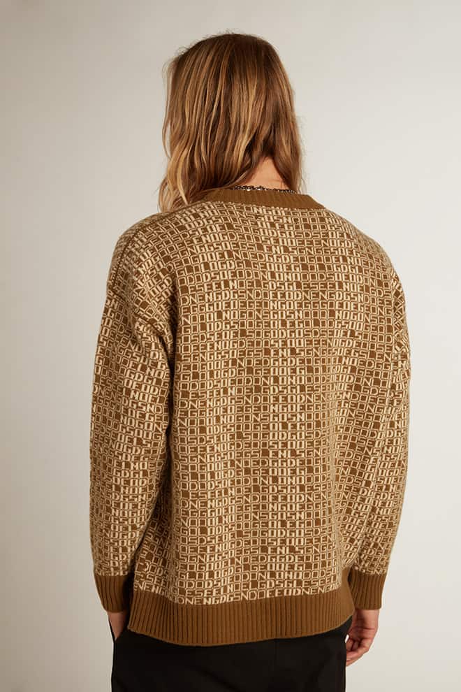 Men | Round-Neck Sweater with Olive-Green Jacquard Lettering Motif | Tapenade x Lamb''S Wool