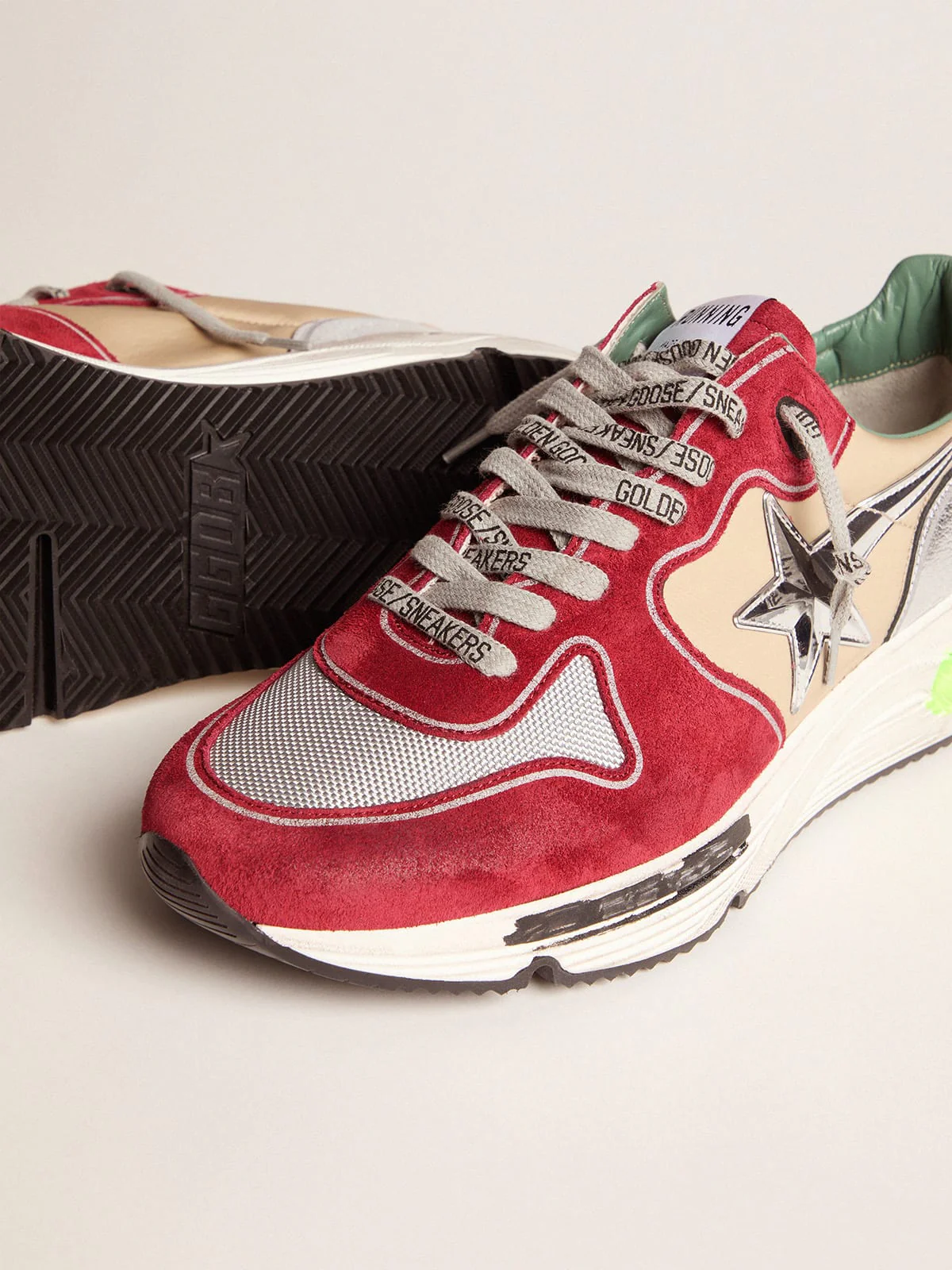 Men | Running Sole Sneakers with 3D Star & Orange Heel Tab | Dark Red x Silver x Beige x Titan - Image 2