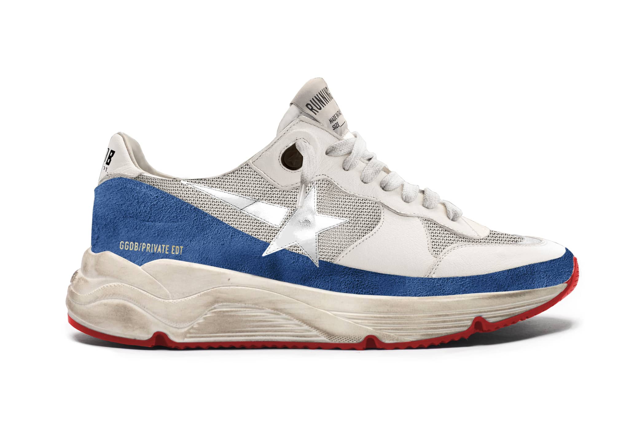 Men | Running Sole White Leather & Blue Suede with Silver Star | White x Silver x Blue - Image 2