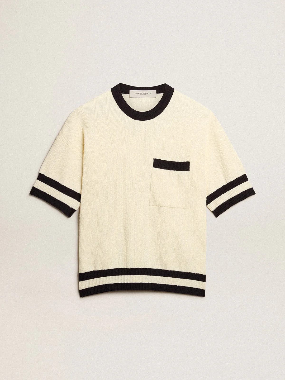 Men | Short-Sleeved Sweater Vintage White with Blue Rib Knit | Antique White x Ink Blue