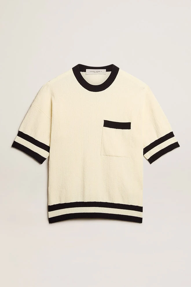 Men | Short-Sleeved Sweater Vintage White with Blue Rib Knit | Antique White x Ink Blue - Image 10