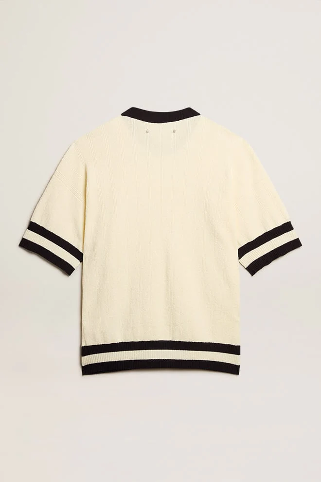 Men | Short-Sleeved Sweater Vintage White with Blue Rib Knit | Antique White x Ink Blue - Image 11