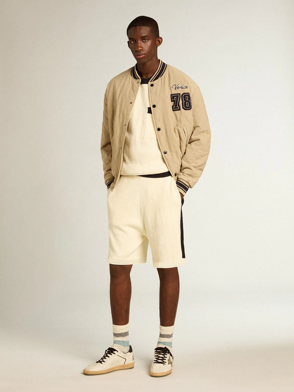 Men | Short-Sleeved Sweater Vintage White with Blue Rib Knit | Antique White x Ink Blue - Image 2