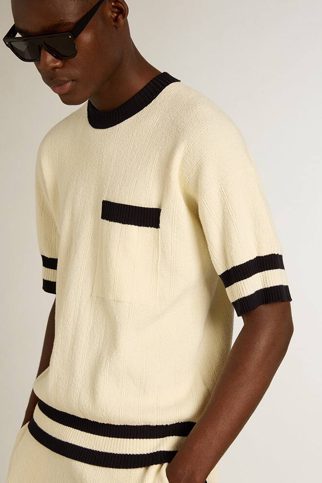 Men | Short-Sleeved Sweater Vintage White with Blue Rib Knit | Antique White x Ink Blue - Image 5