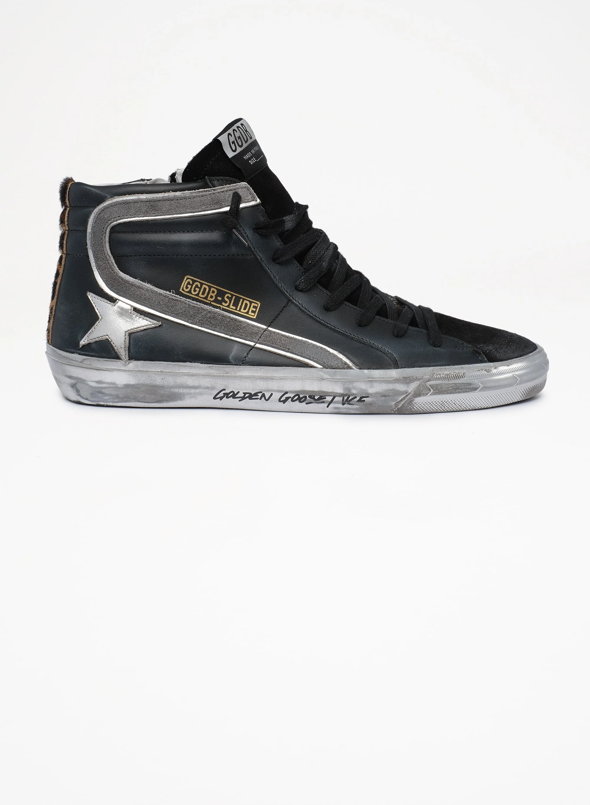 Men | Slide Sneakers Black Leather with Leopard-Print Pony Skin Heel Tab | Black x Silver x Beige Brown Leo - Image 8