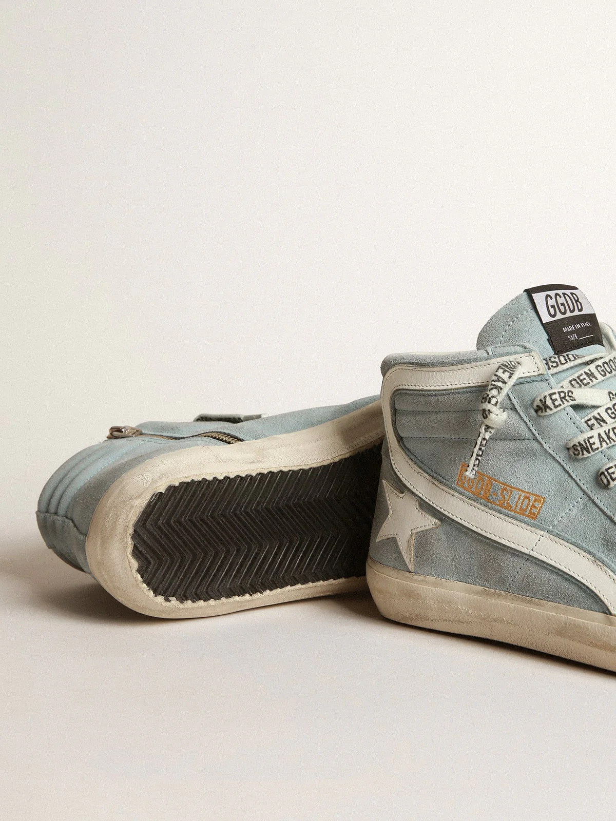 Men | Slide Sneakers Suede with Leather Star | Light Blue x White