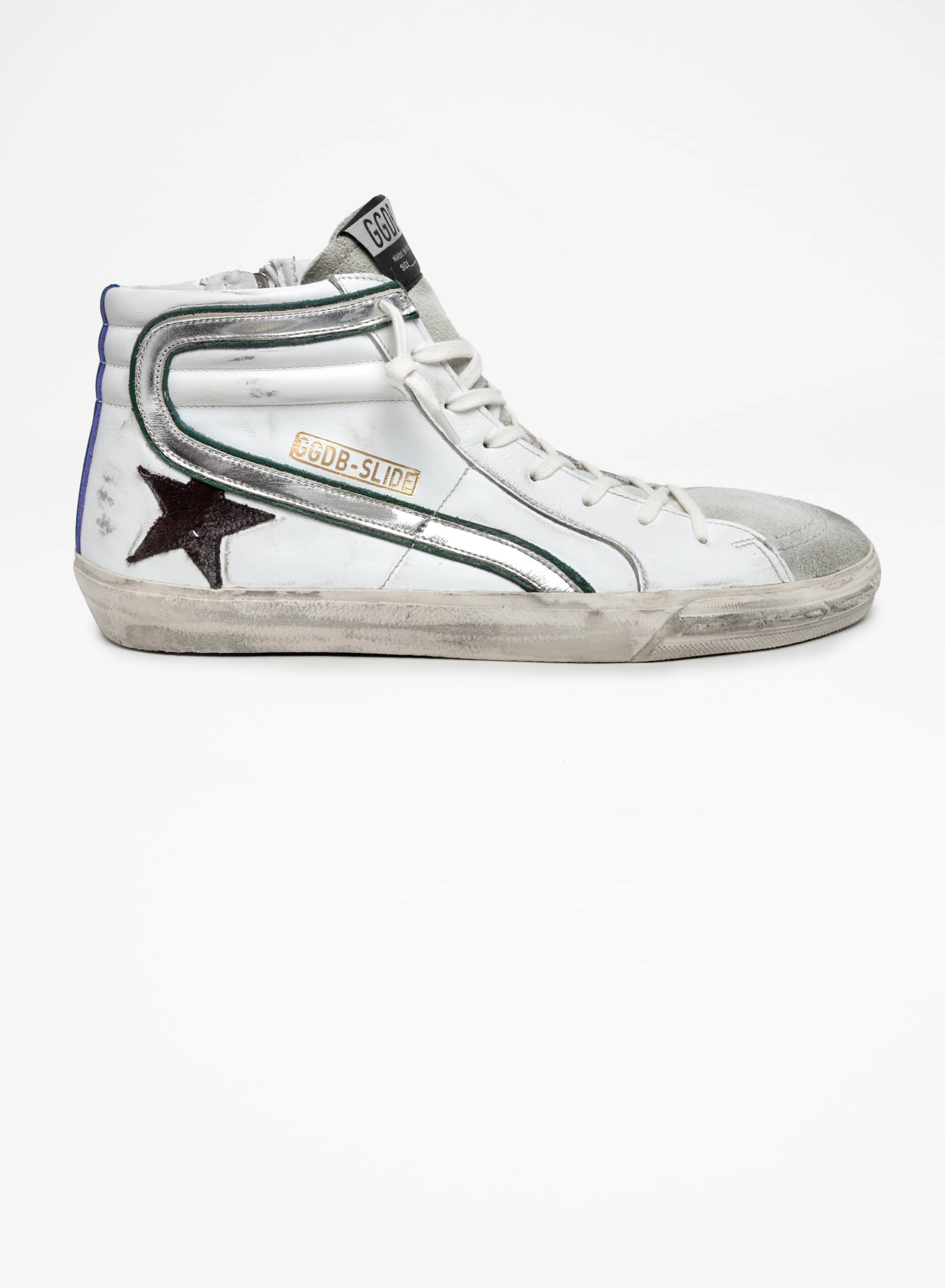 Men | Slide White Leather with Black Star & Silver Detail | White x Black x Silver x Bluette - Image 4