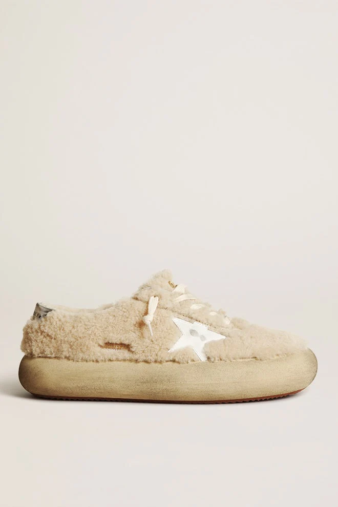 Men | Space-Star Shoes Beige Shearling with White Leather Star & Metallic Leather Heel Tab | Beige x White - Image 9