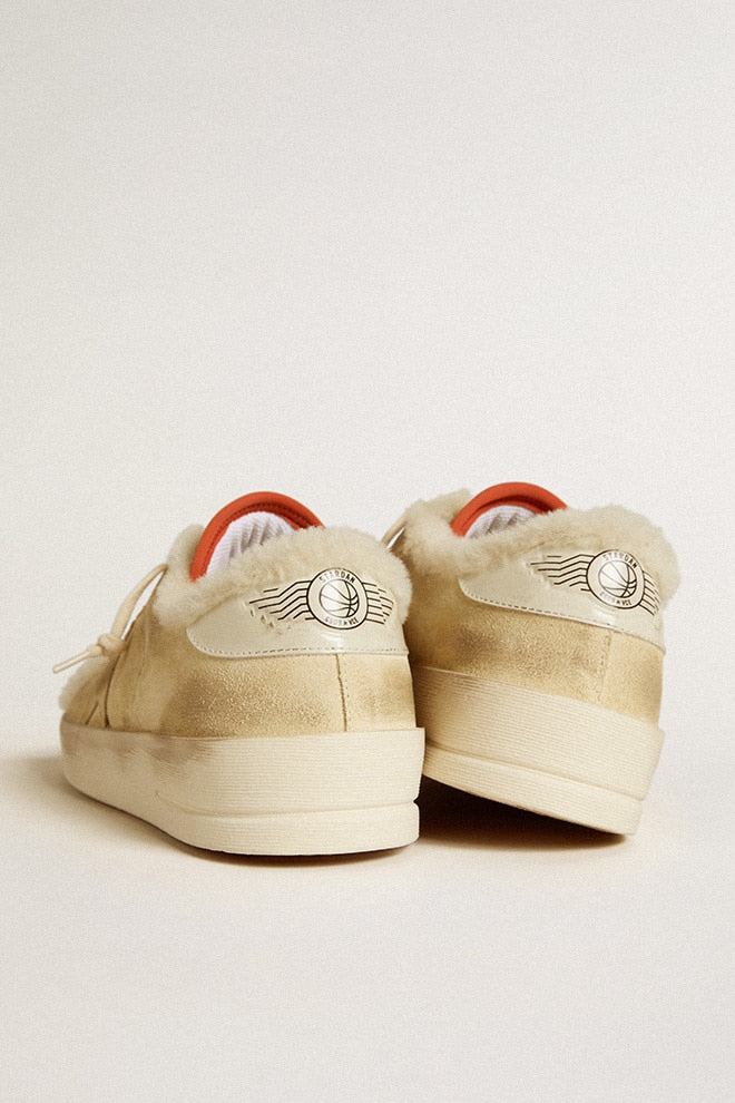 Men | Stardan Beige Suede with Leather Heel Tab & Shearling Lining | Beige x Off White
