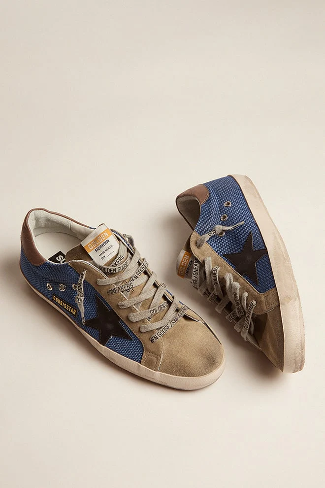 Men | Super-Star Blue Mesh with Black Leather Star & Tobacco Heel Tab | Denim Blue x Taupe x Black x Dark Grey