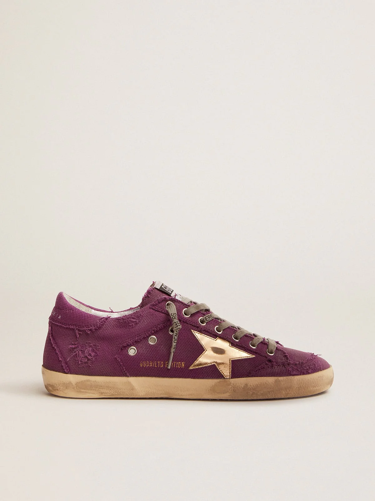 Men | Super-Star Lab Sneakers Purple Distressed Canvas with Gold Star | Purple x Gold - Image 2