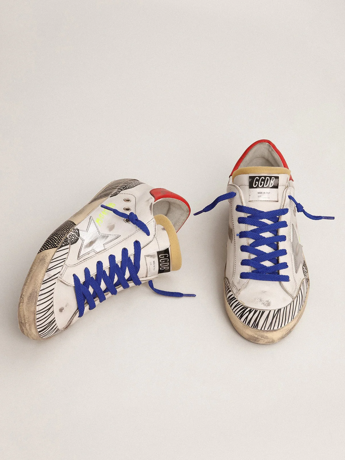 Men | Super-Star Lab Sneakers White Leather & Multi-Foxing-Effect Print | White x Silver x Red x Black