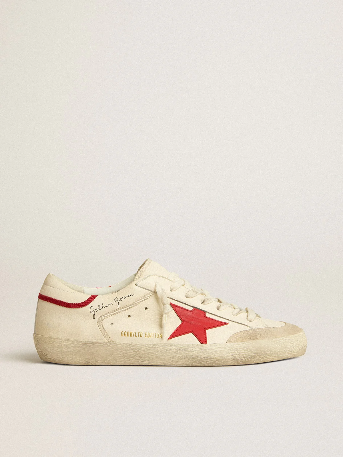 Men | Super-Star Ltd Nappa with Red Leather Star & Pearl Suede Toe | Optic White x Seed Pearl x Red