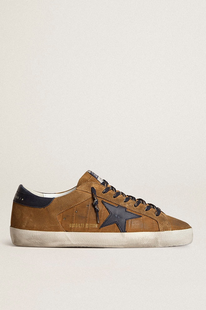 Men | Super-Star Ltd Tobacco-Colored Croc-Print Leather with Midnight Blue Leather Star & Heel Tab | Cognac x Blue - Image 4