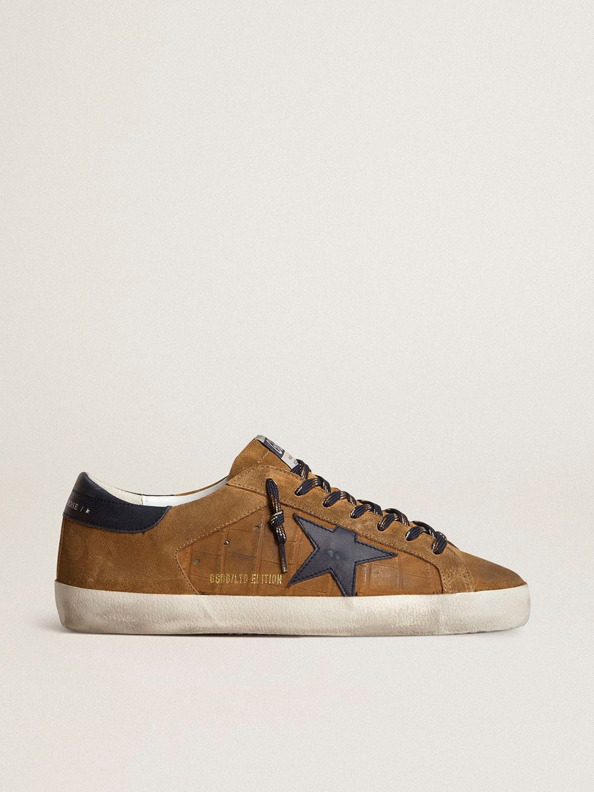 Men | Super-Star Ltd Tobacco-Colored Croc-Print Leather with Midnight Blue Leather Star & Heel Tab | Cognac x Blue - Image 6