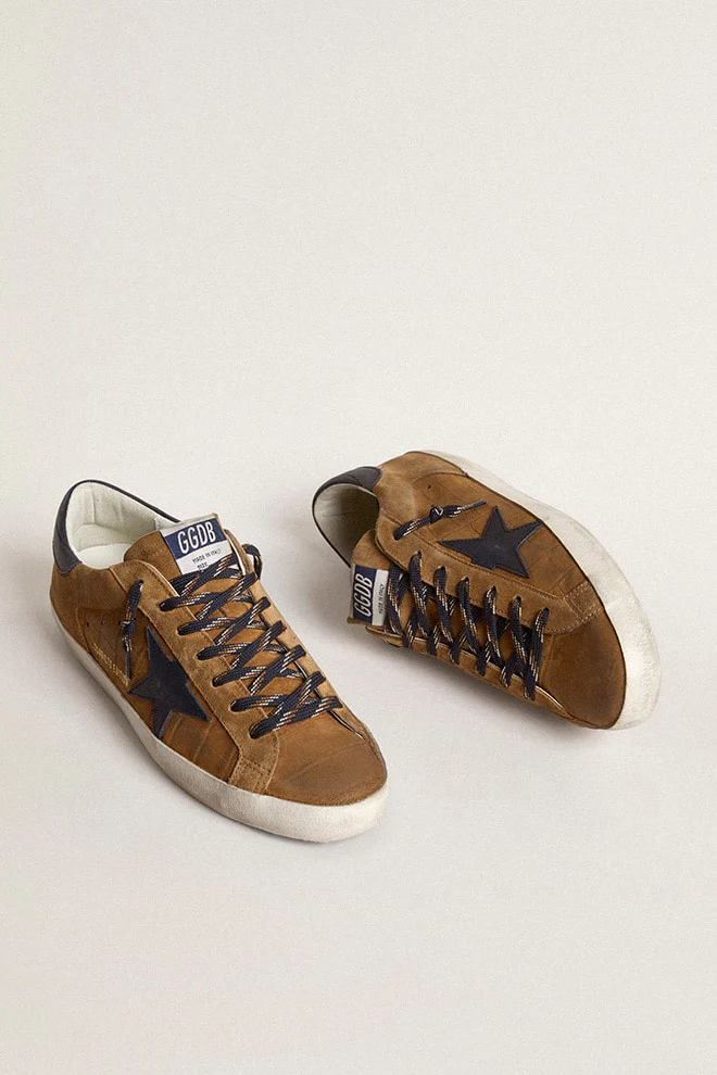 Men | Super-Star Ltd Tobacco-Colored Croc-Print Leather with Midnight Blue Leather Star & Heel Tab | Cognac x Blue - Image 7