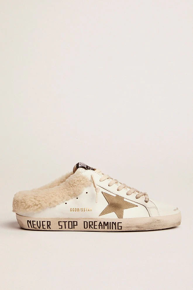 Men | Super-Star Sabot Sneakers White Leather with Beige Suede Star & Internal Shearling | White x Taupe - Image 6