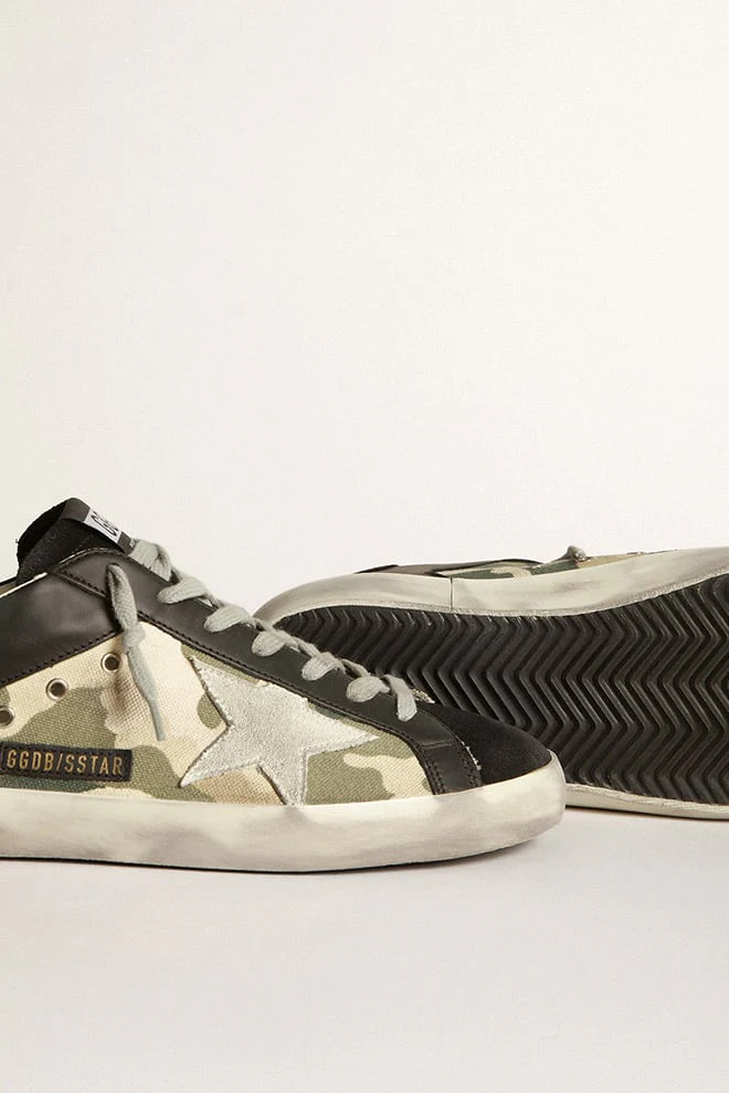 Men | Super-Star Sneakers Black Leather & Camouflage Canvas | Black x Green Camouflage x Ice