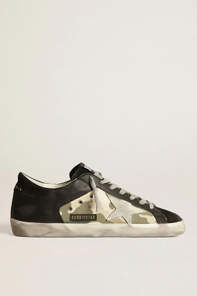 Men | Super-Star Sneakers Black Leather & Camouflage Canvas | Black x Green Camouflage x Ice - Image 6