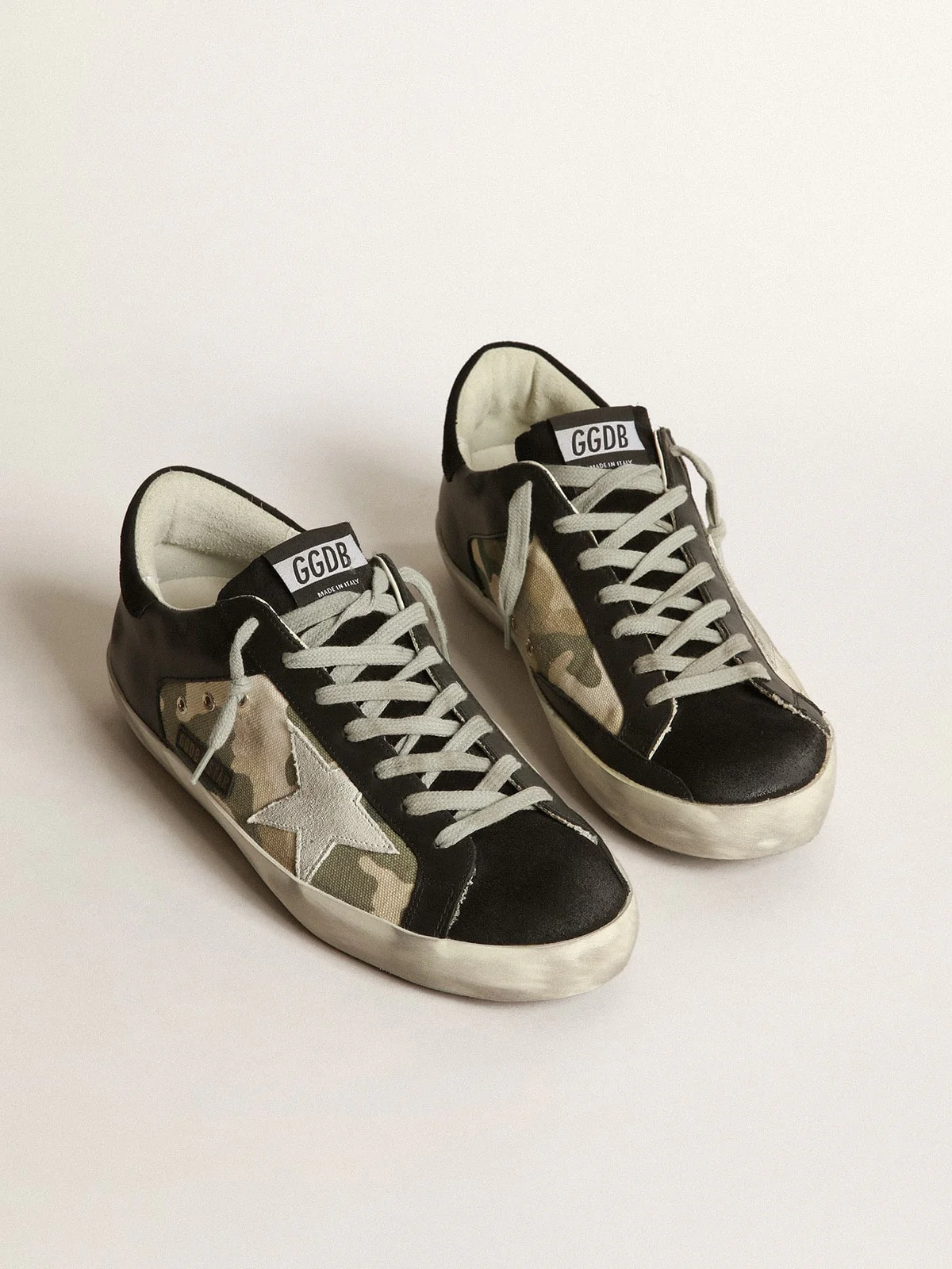 Men | Super-Star Sneakers Black Leather & Camouflage Canvas | Black x Green Camouflage x Ice - Image 8