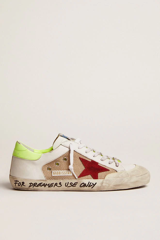 Men | Super-Star Sneakers White & Gold Leather with Burgundy Suede Star & Lime Leather Heel Tab | Milk White x Red x Yellow Fluo - Image 6