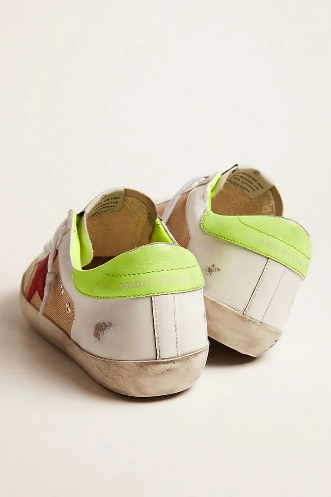 Men | Super-Star Sneakers White & Gold Leather with Burgundy Suede Star & Lime Leather Heel Tab | Milk White x Red x Yellow Fluo - Image 8